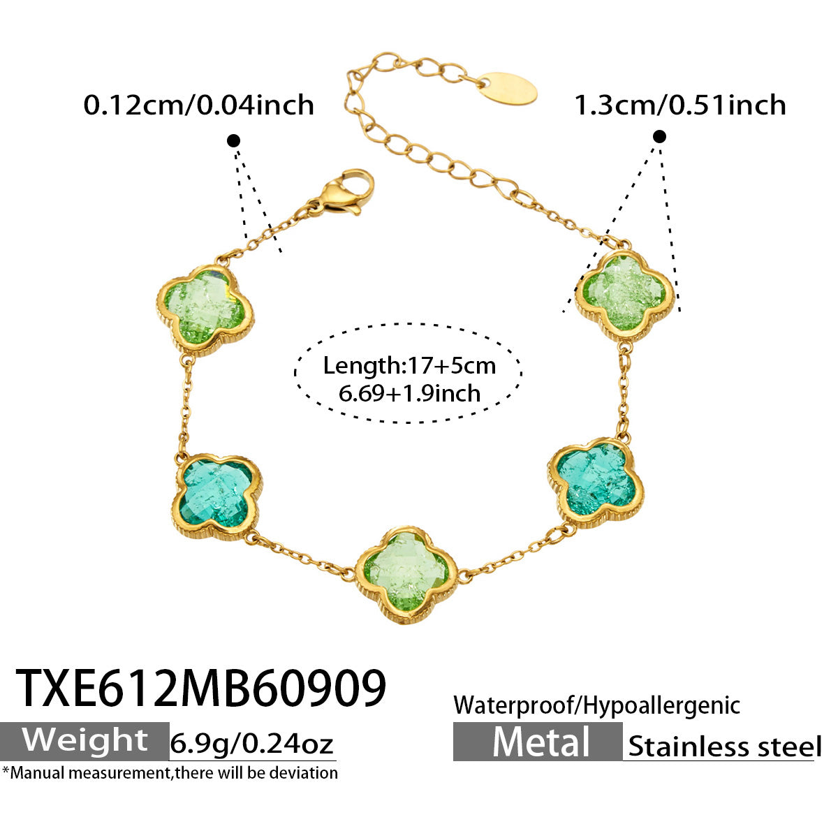 TXE612 green zircon bracelet size details, 17+5 cm