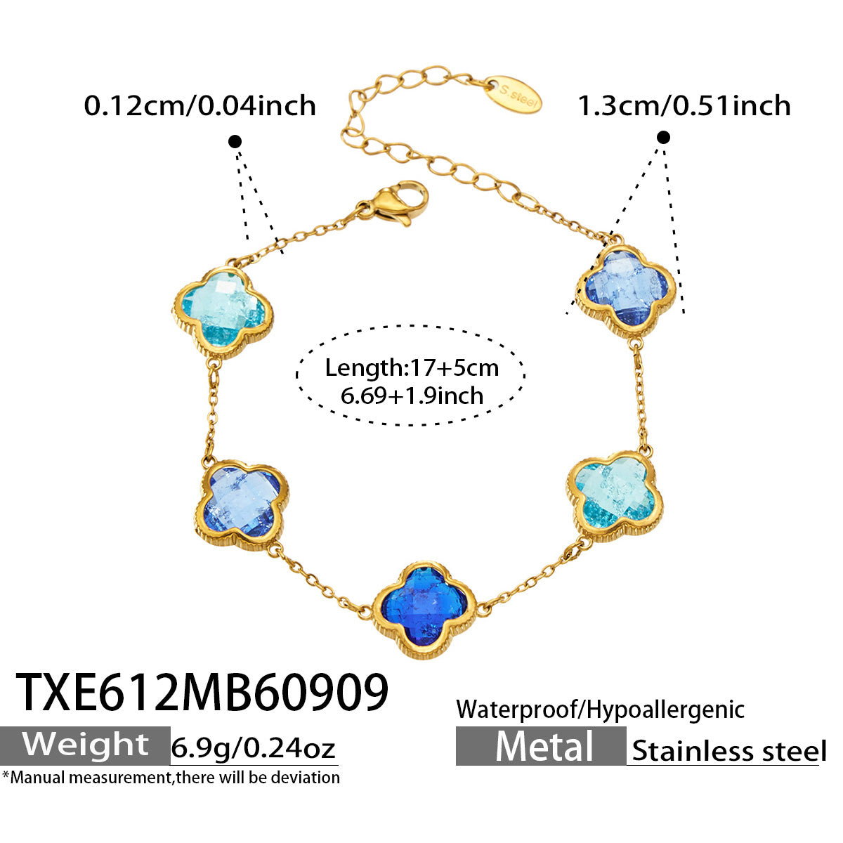 TXE612 mixed blue zircon bracelet size details, 17+5 cm