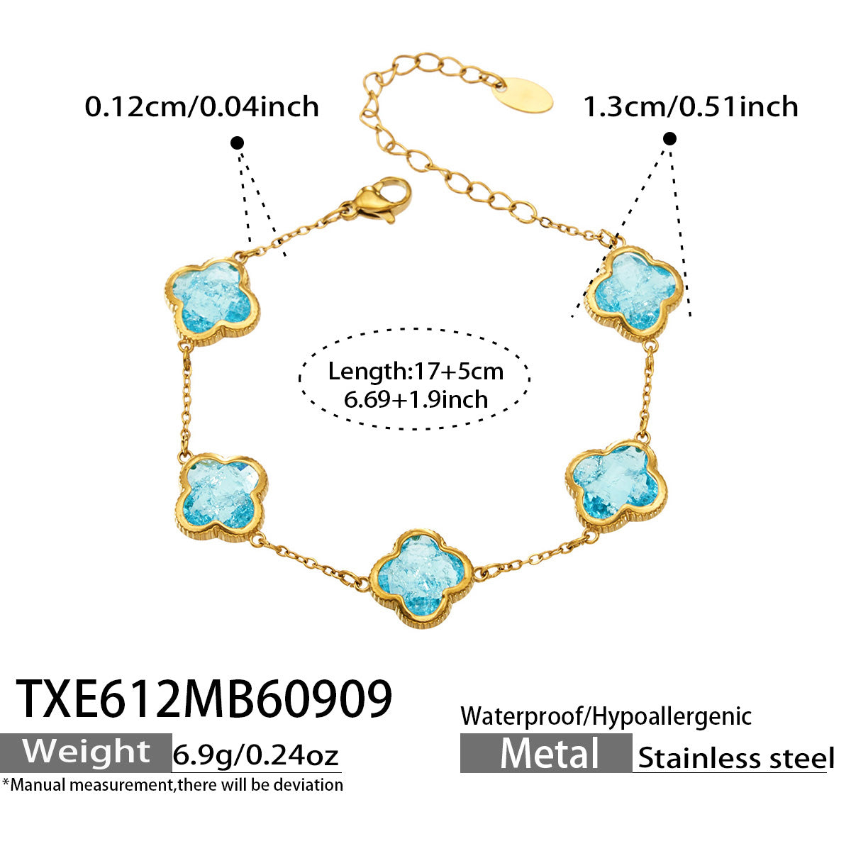 TXE612 sky blue zircon bracelet size details, 17+5 cm