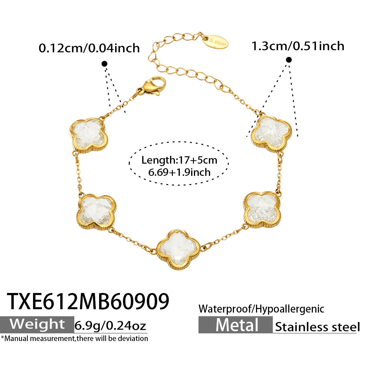 TXE612 white zircon bracelet size details, 17+5 cm