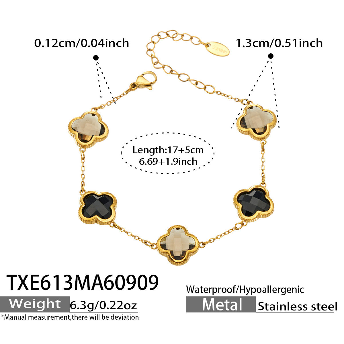 TXE613 black zircon bracelet size details, 17+5 cm