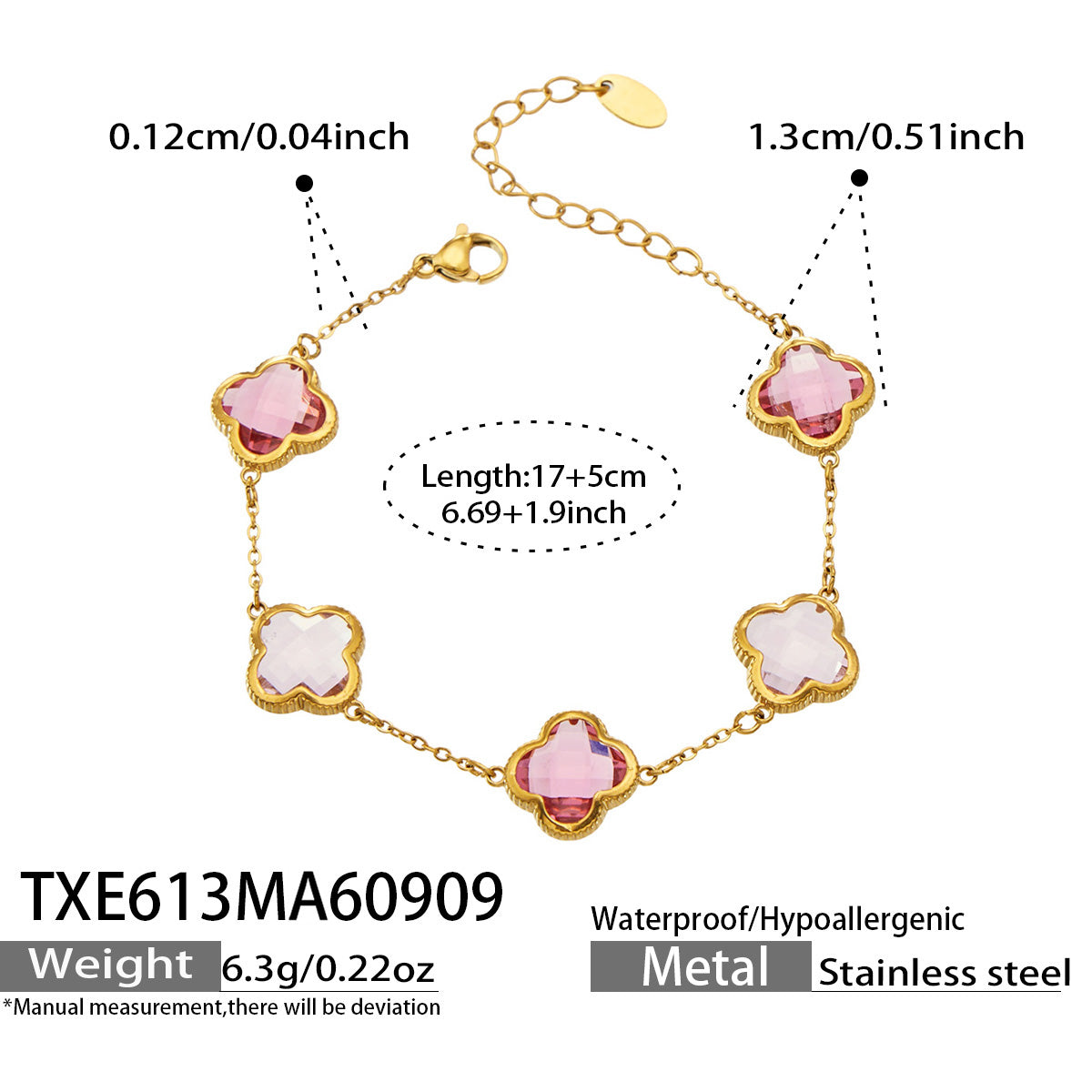 TXE613 pink zircon bracelet size details, 17+5 cm