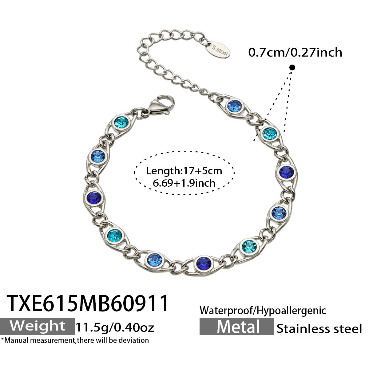 TXE615 blue zircon steel bracelet size details