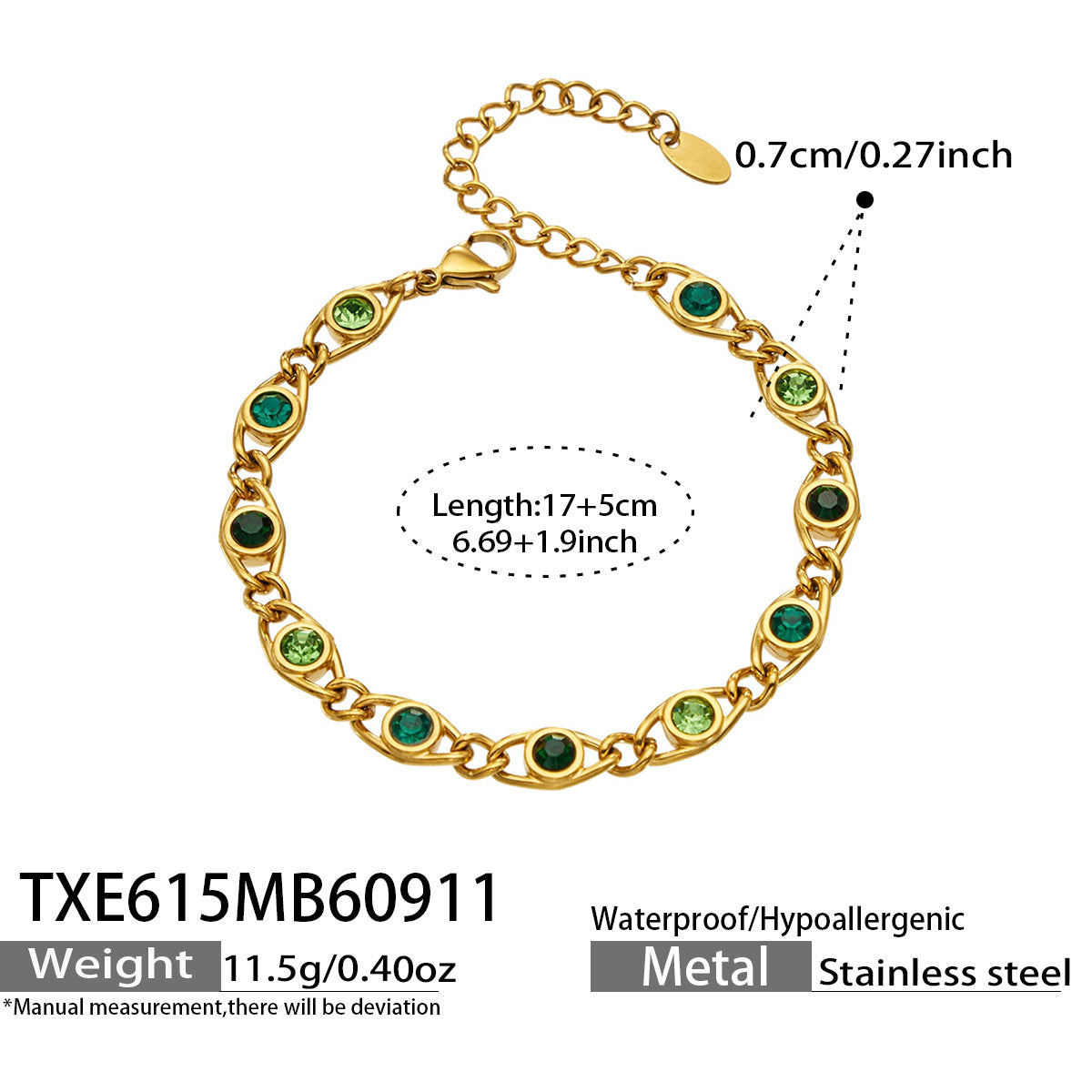 TXE615 green zircon gold bracelet size details
