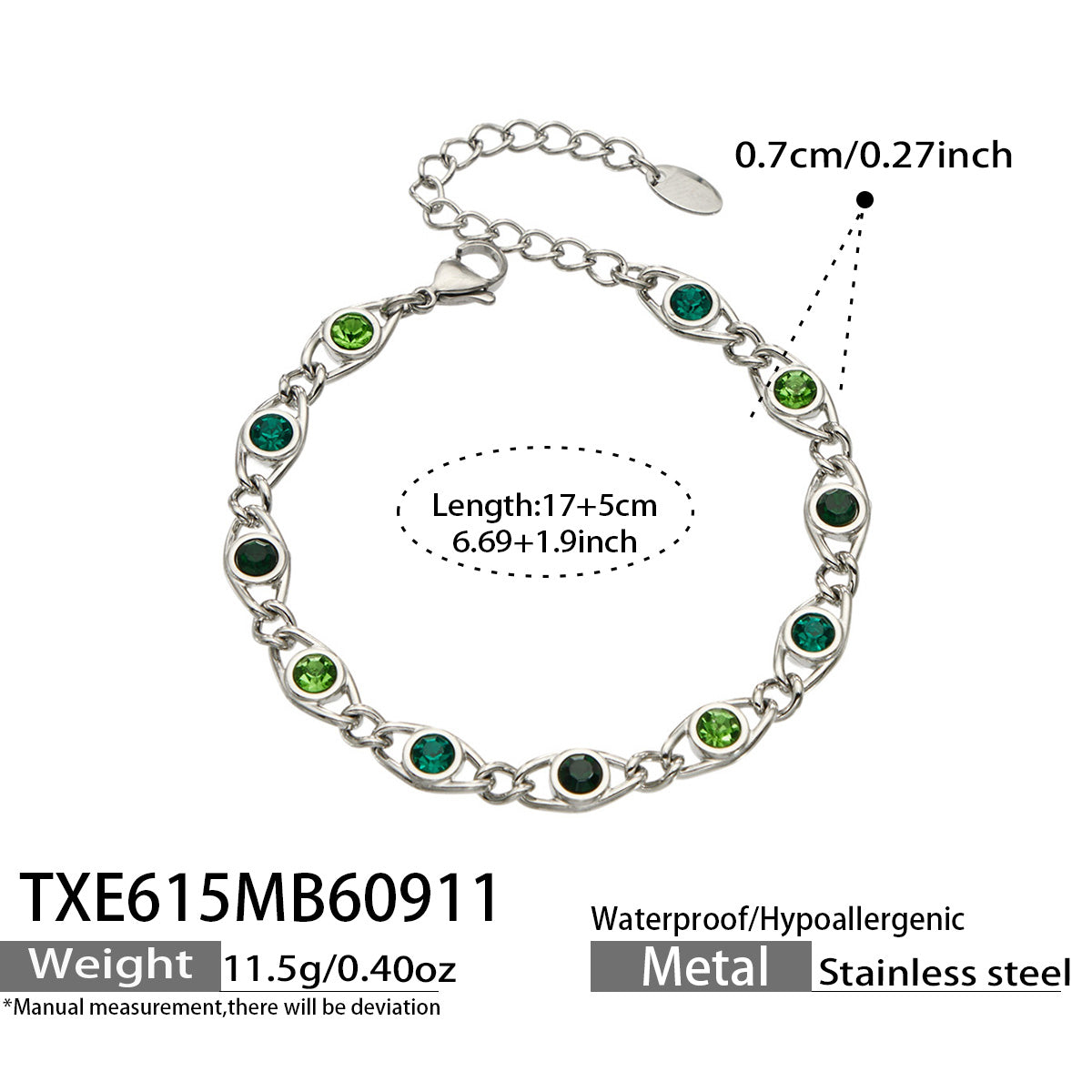 TXE615 green zircon steel bracelet size details
