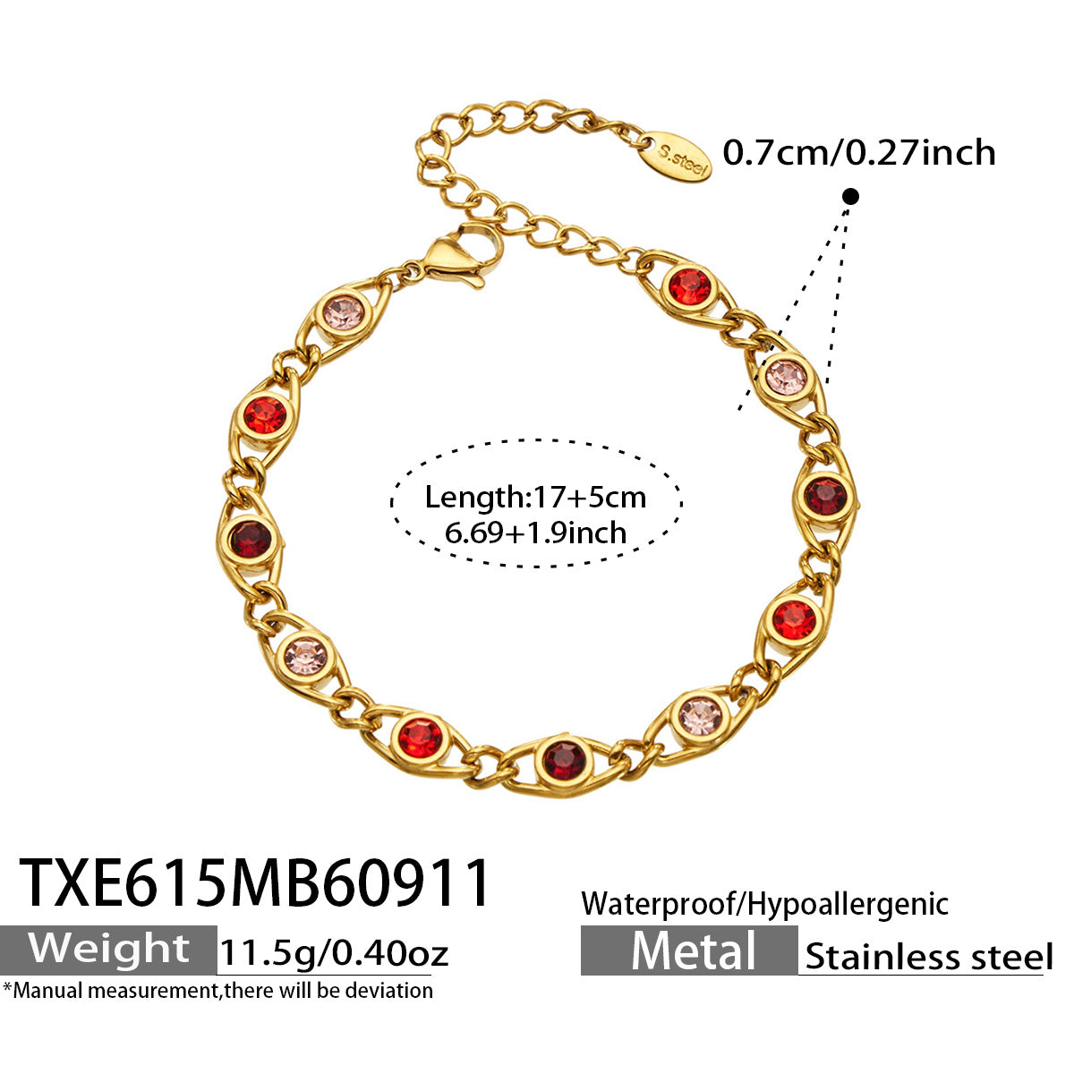 TXE615 red zircon gold bracelet size details