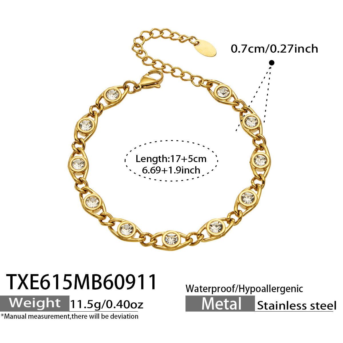 TXE615 white zircon gold bracelet size details