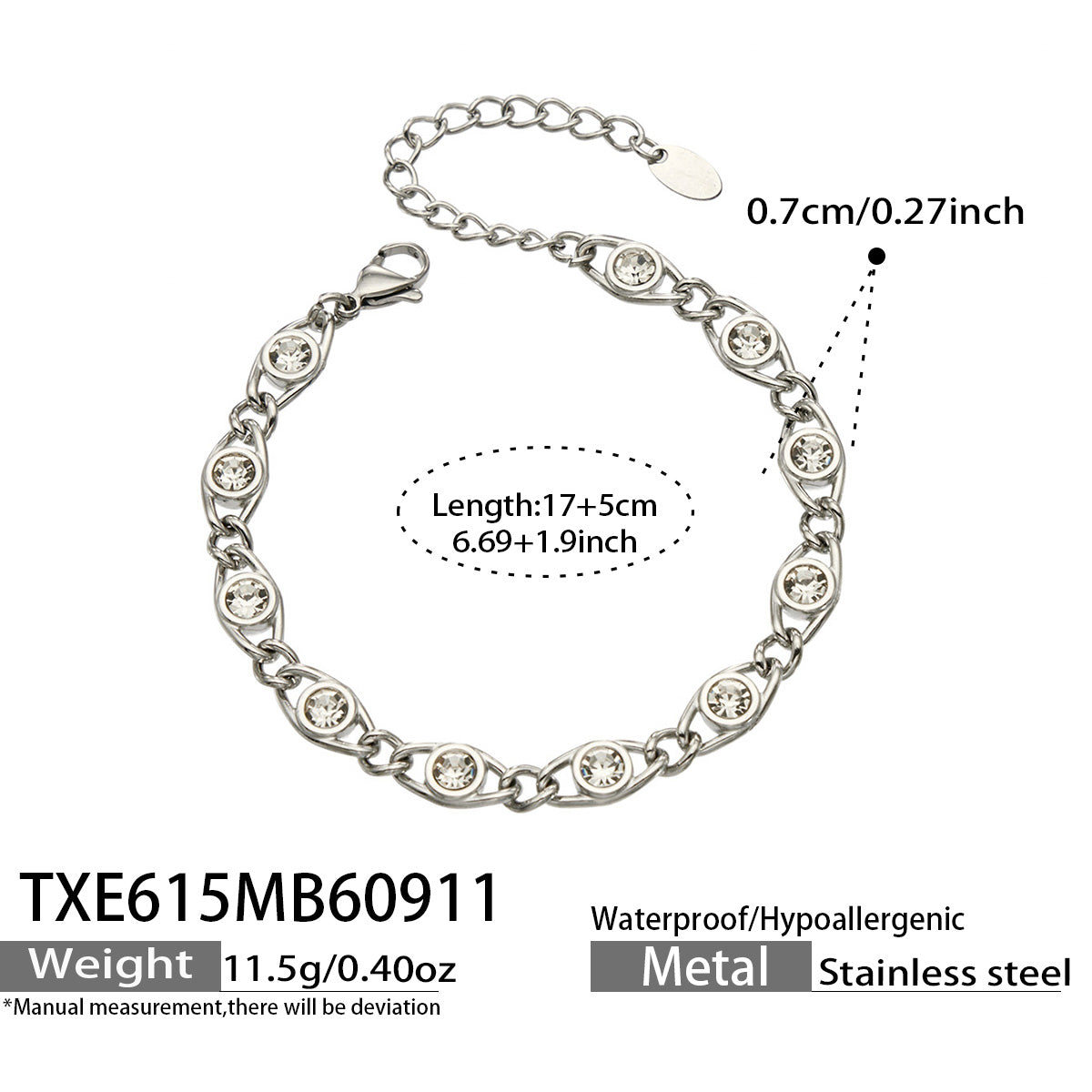 TXE615 white zircon steel bracelet size details