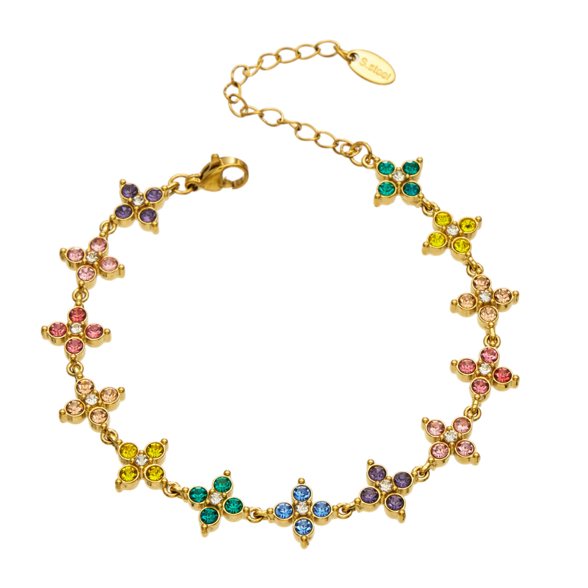 Gold Tone four-petal flower bracelet with multicolor a zircon stones, TXE617