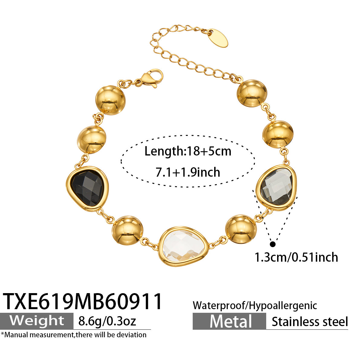 TXE619 black glass stone bracelet size details