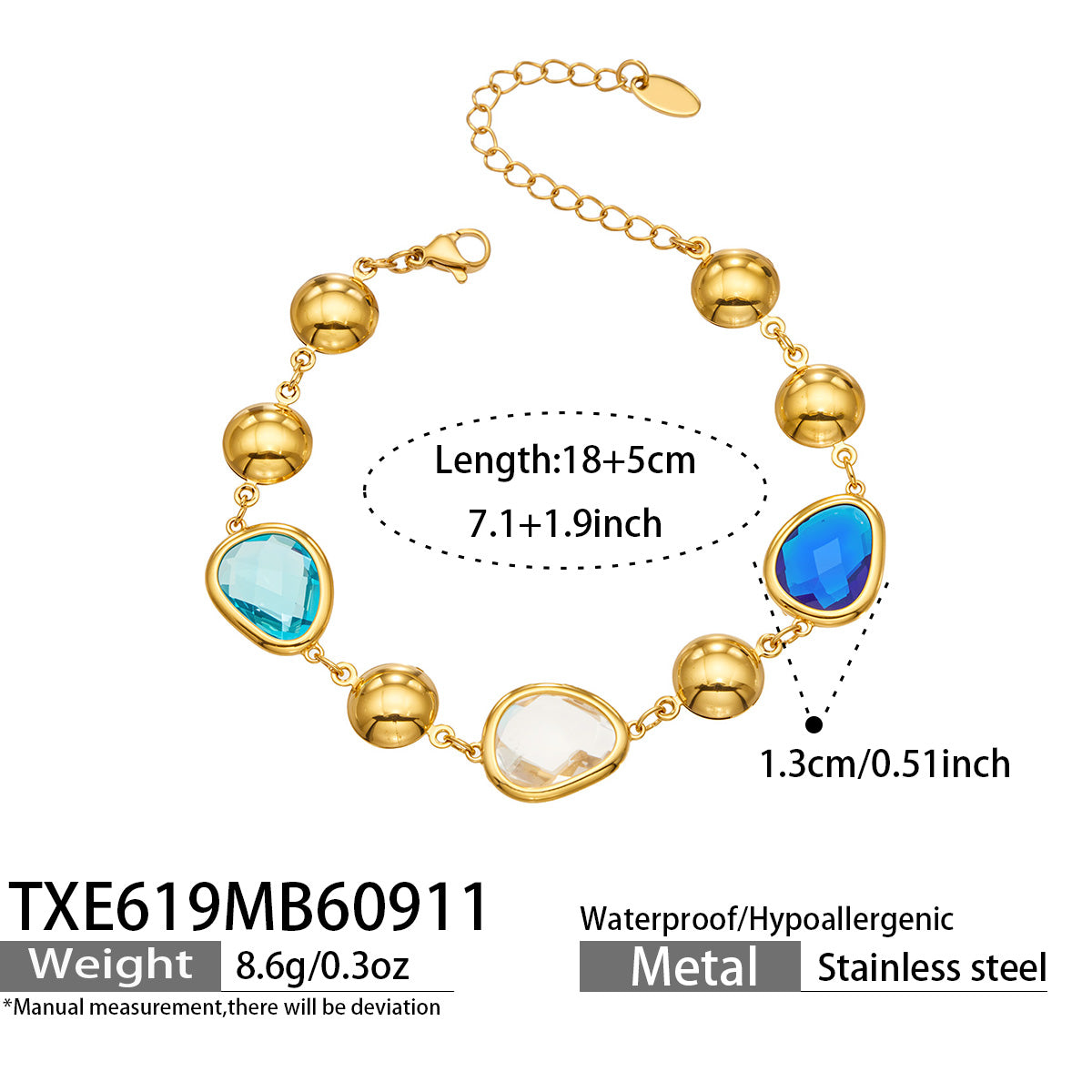 TXE619 blue glass stone bracelet size details
