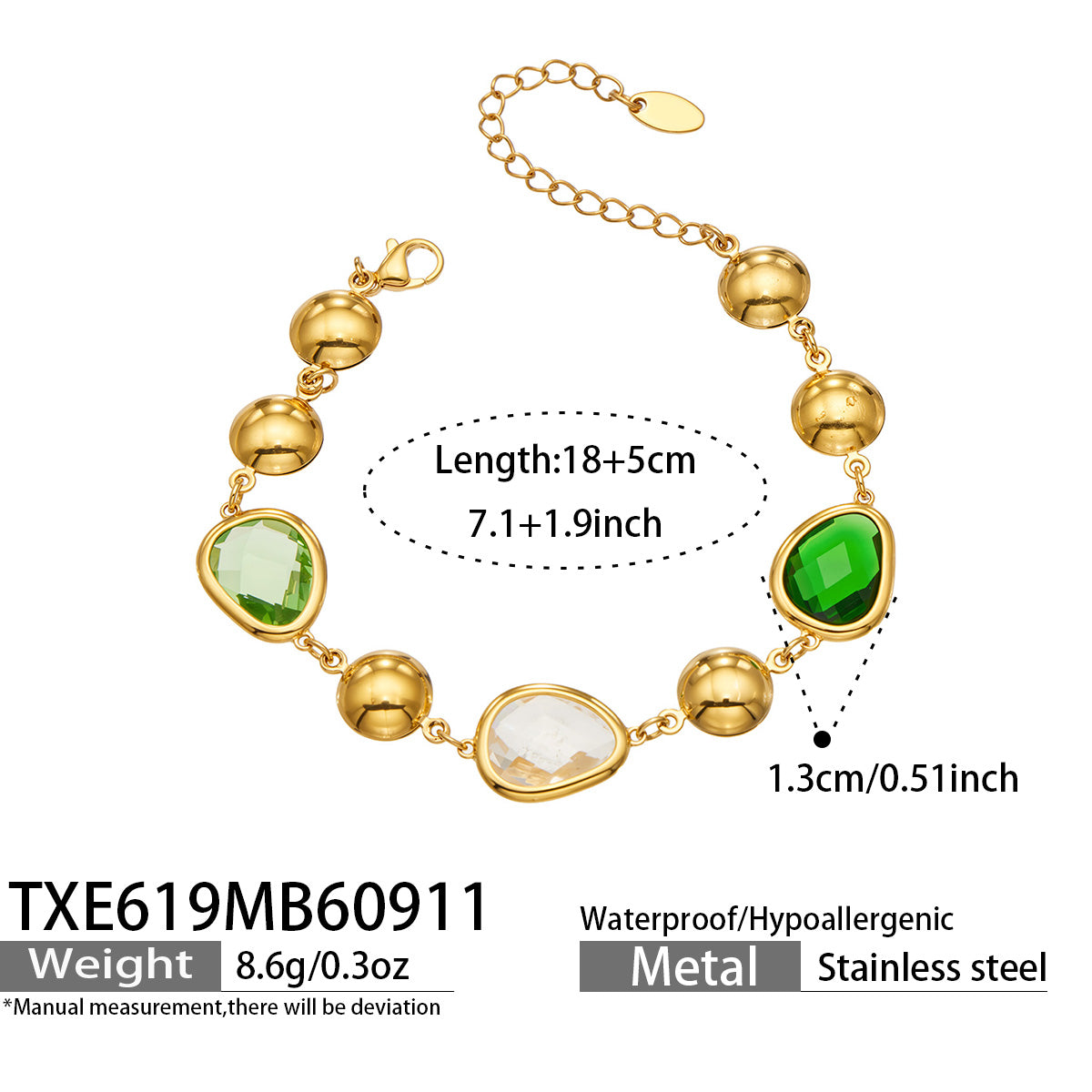 TXE619 green glass stone bracelet size details