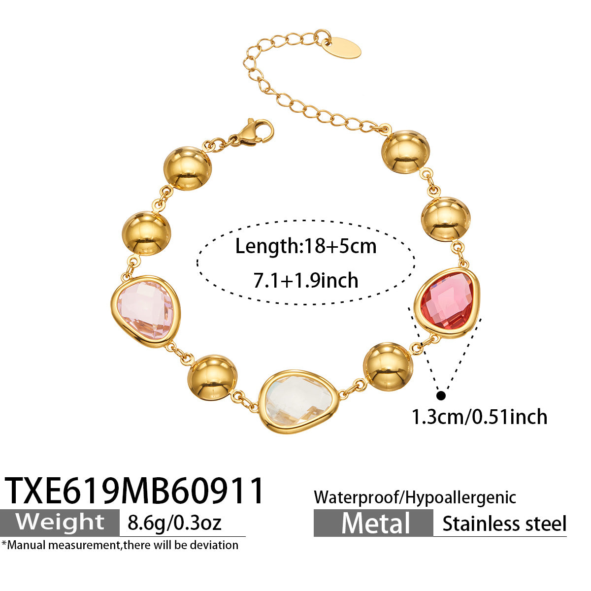 TXE619 pink glass stone bracelet size details