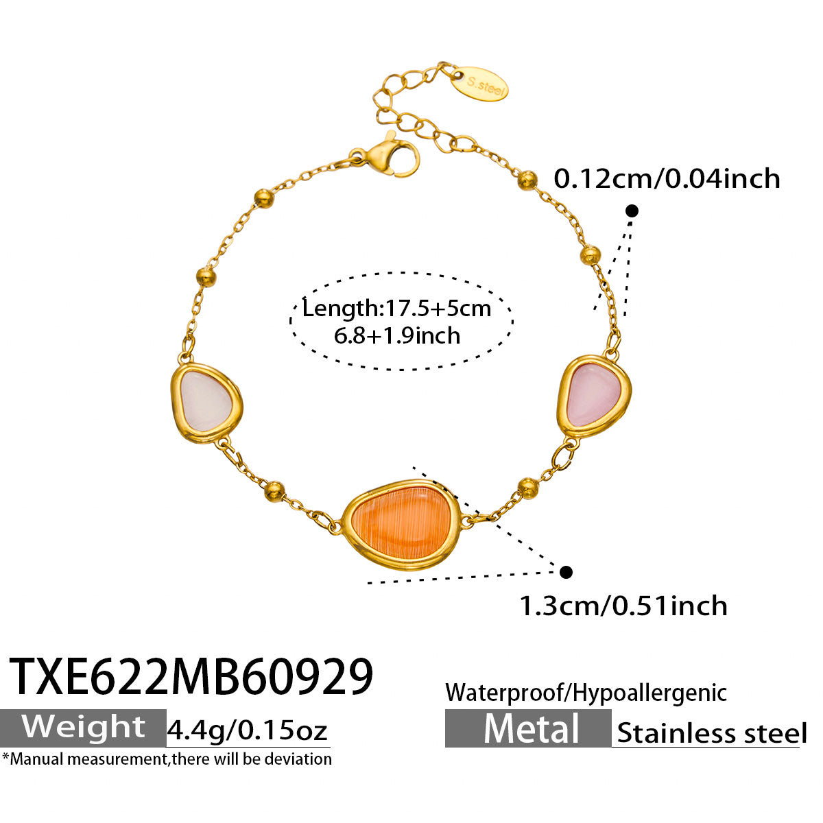 TXE622 orange cat eye bracelet with 17.5+5 cm length and product specification details