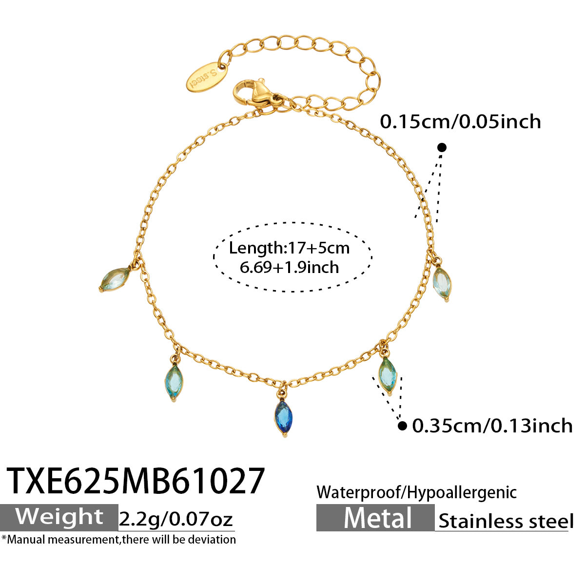 Size diagram for a gold-tone bracelet with blue pointed teardrop charms, showing the 17 cm chain and 5 cm extender.