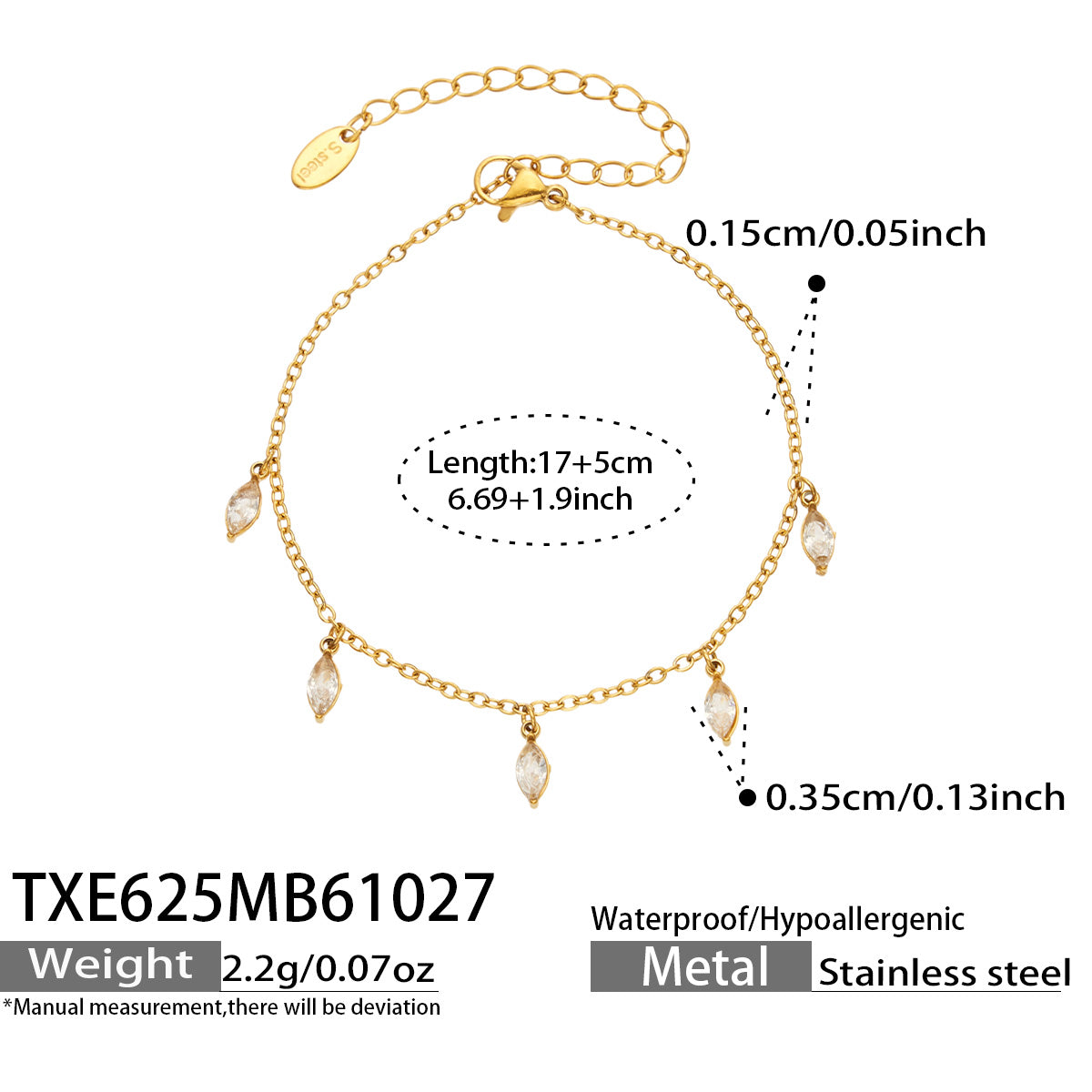 Size diagram for a gold-tone bracelet with clear pointed teardrop charms, showing the 17 cm chain and 5 cm extender.