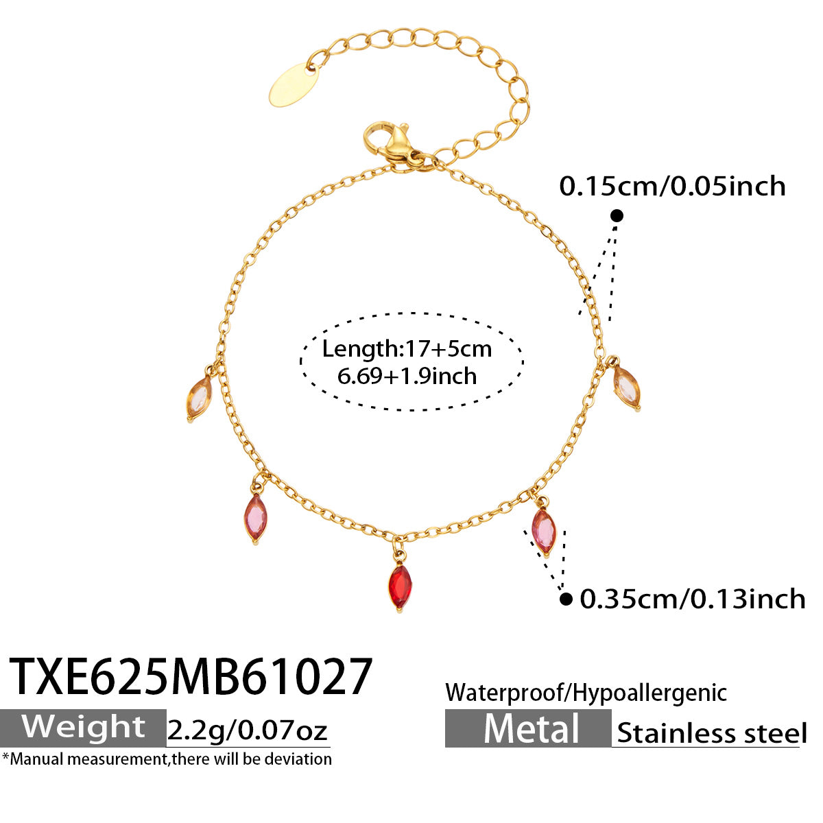 Size diagram for a gold-tone bracelet with red pointed teardrop charms, showing the 17 cm chain and 5 cm extender.