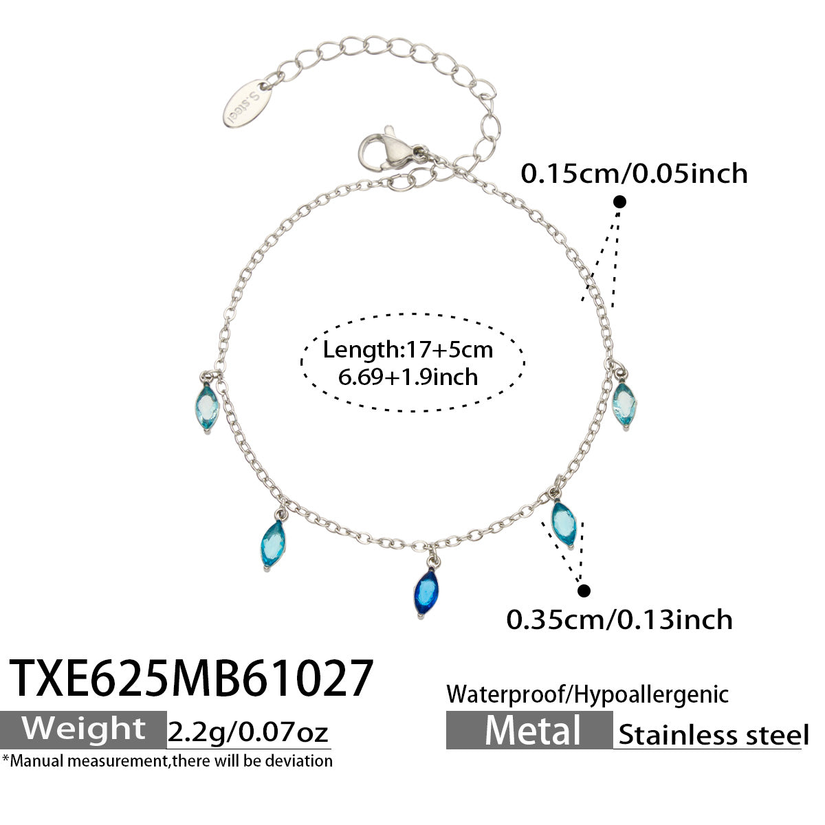 Size diagram for a steel-tone bracelet with blue pointed teardrop charms, showing the 17 cm chain and 5 cm extender.