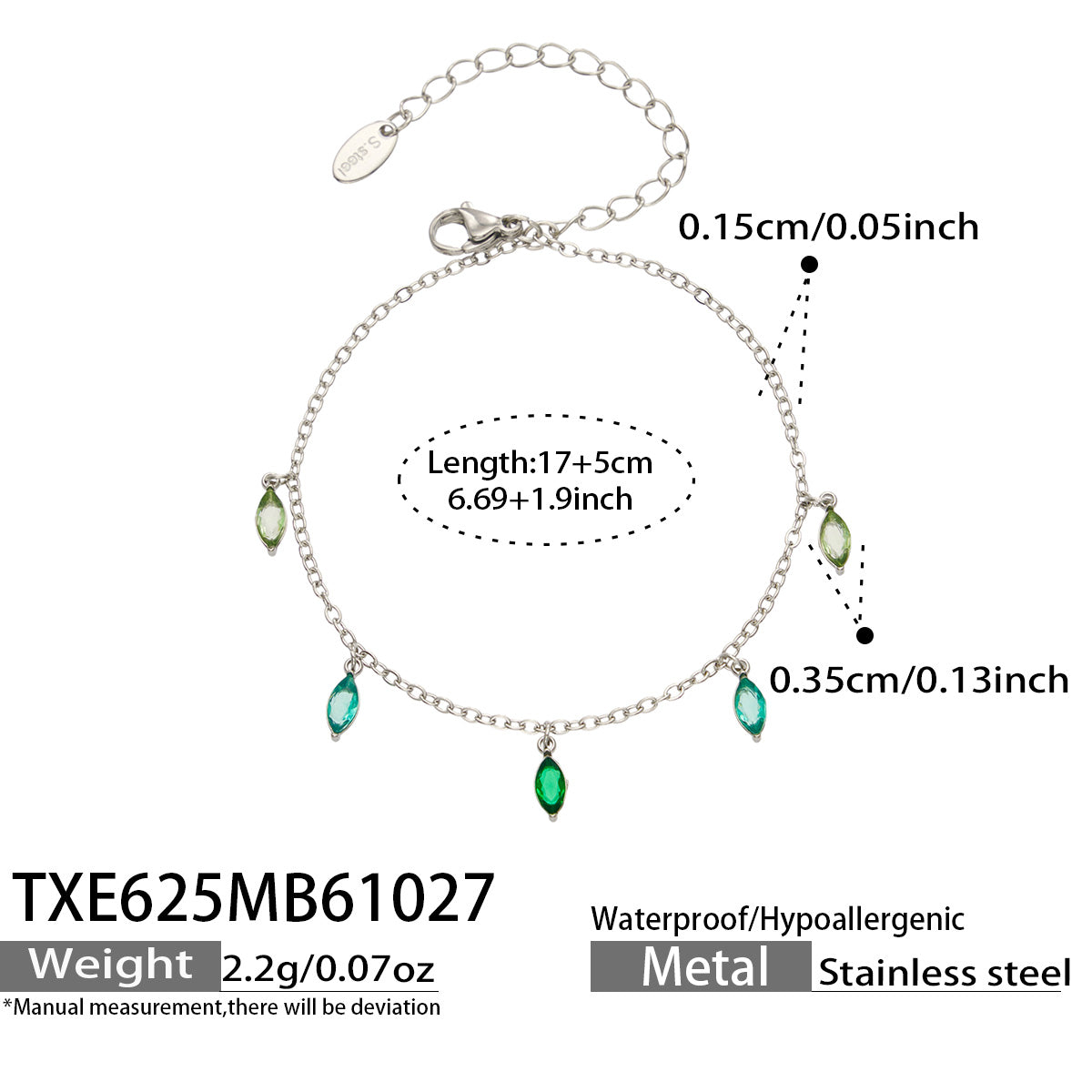 Size diagram for a steel-tone bracelet with green pointed teardrop charms, showing the 17 cm chain and 5 cm extender.