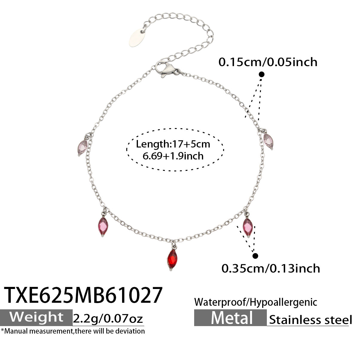 Size diagram for a steel-tone bracelet with red pointed teardrop charms, showing the 17 cm chain and 5 cm extender.
