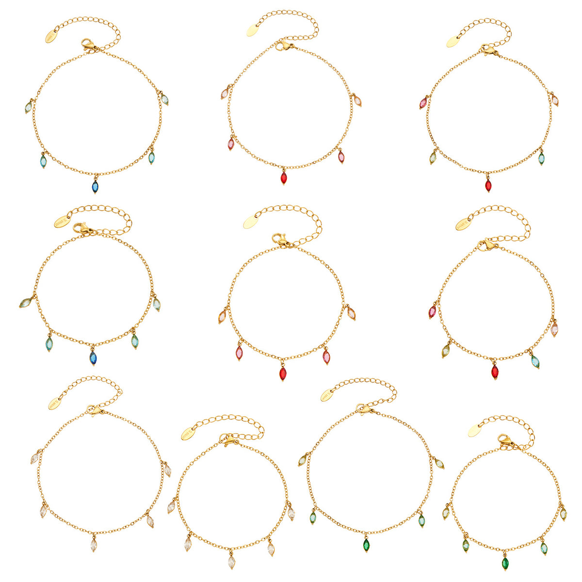 Assorted gold-tone fine-chain jewelry with slim teardrop stone charms in clear, red, green, blue and multicolor designs.