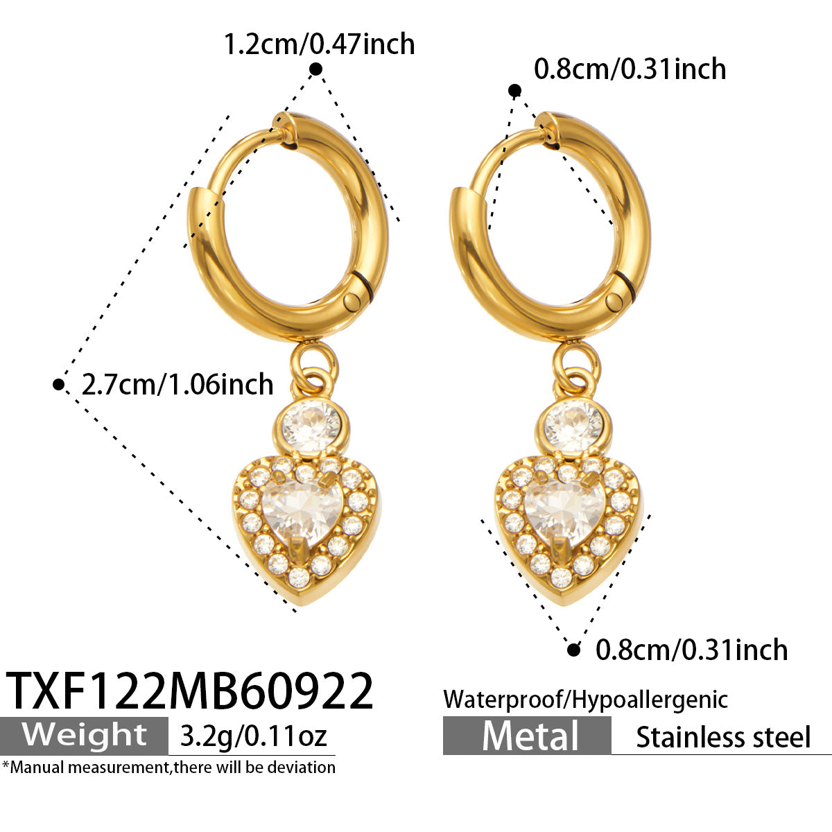 TXF122 heart zircon hoop earrings size and product details in gold-tone stainless steel