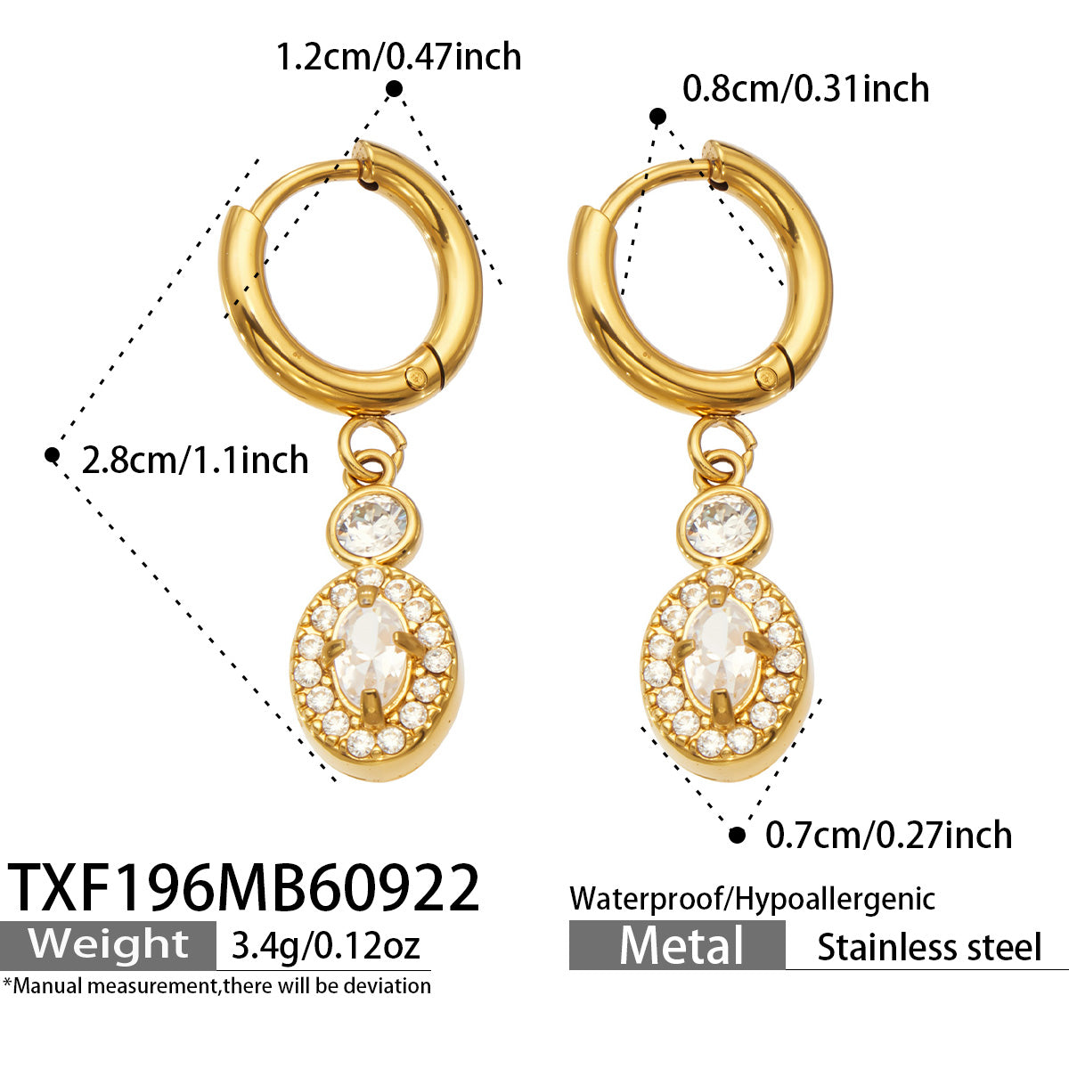 TXF196 oval zircon hoop earrings size and product details in gold-tone stainless steel