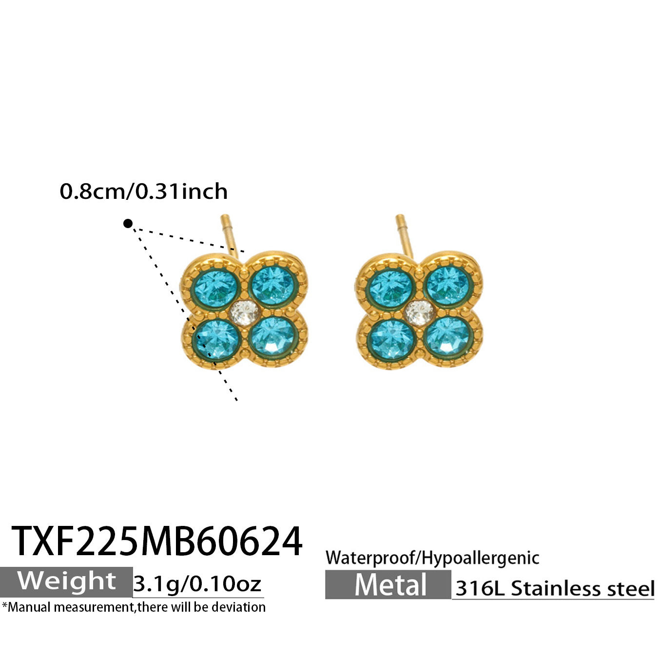 TXF225 steel tone aqua clover zircon earrings product image for 316L stainless steel jewelry wholesale