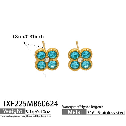 TXF225 steel tone aqua clover zircon earrings product image for 316L stainless steel jewelry wholesale