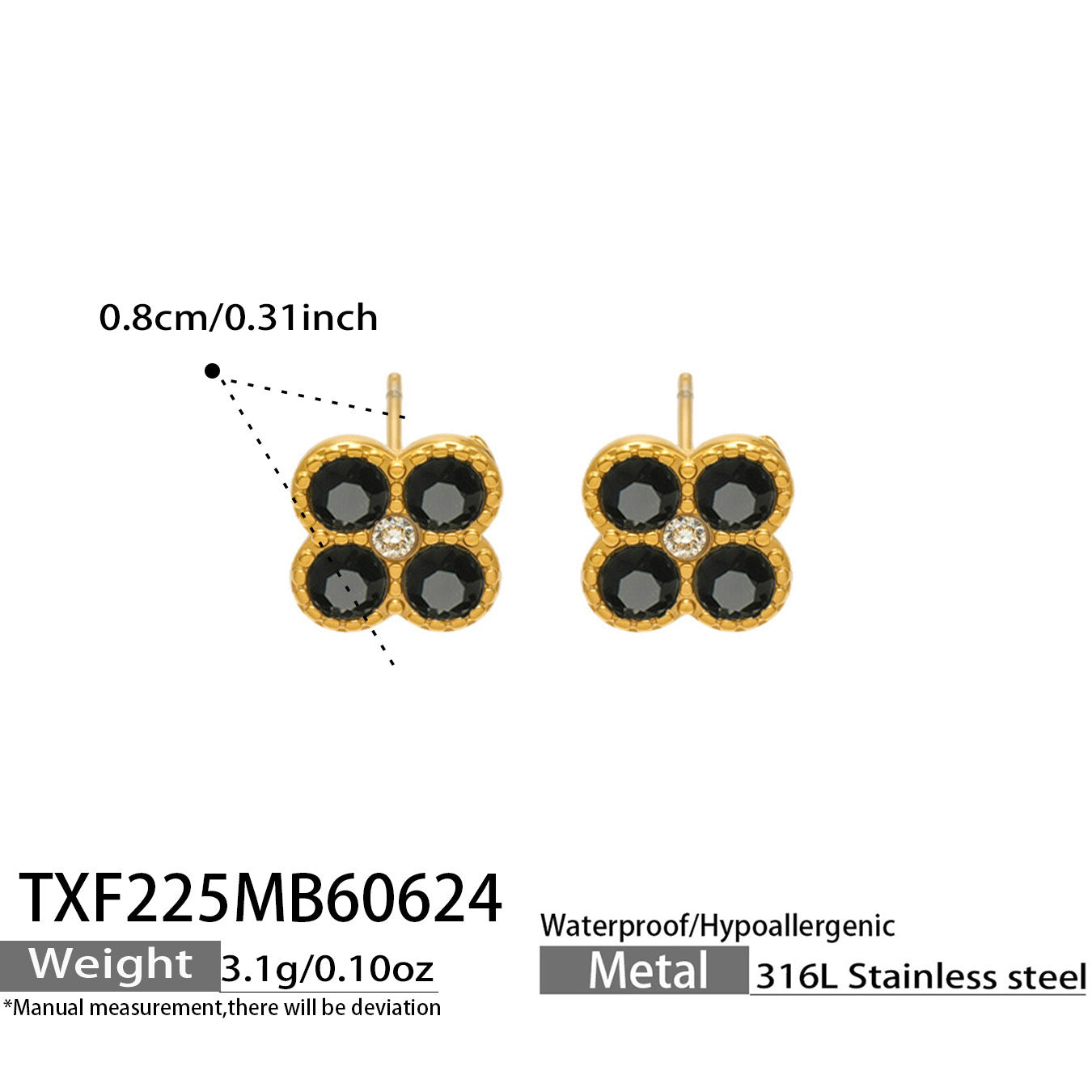 TXF225 steel tone black clover zircon earrings product image for 316L stainless steel jewelry wholesale