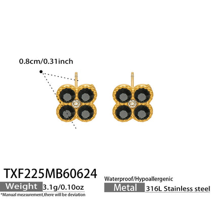 TXF225 steel tone black clover zircon earrings product image for 316L stainless steel jewelry wholesale