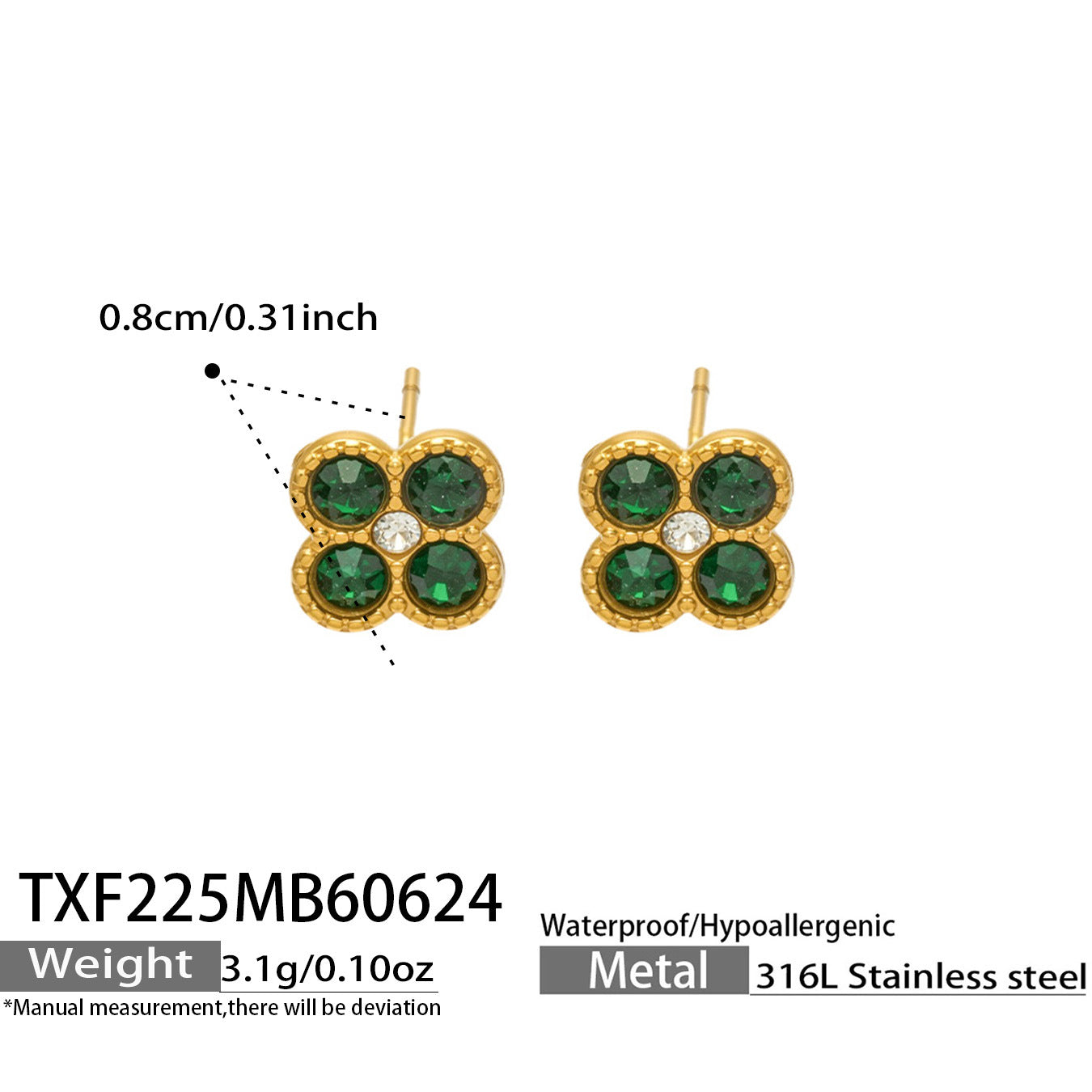 TXF225 steel tone dark green clover zircon earrings product image for 316L stainless steel jewelry wholesale