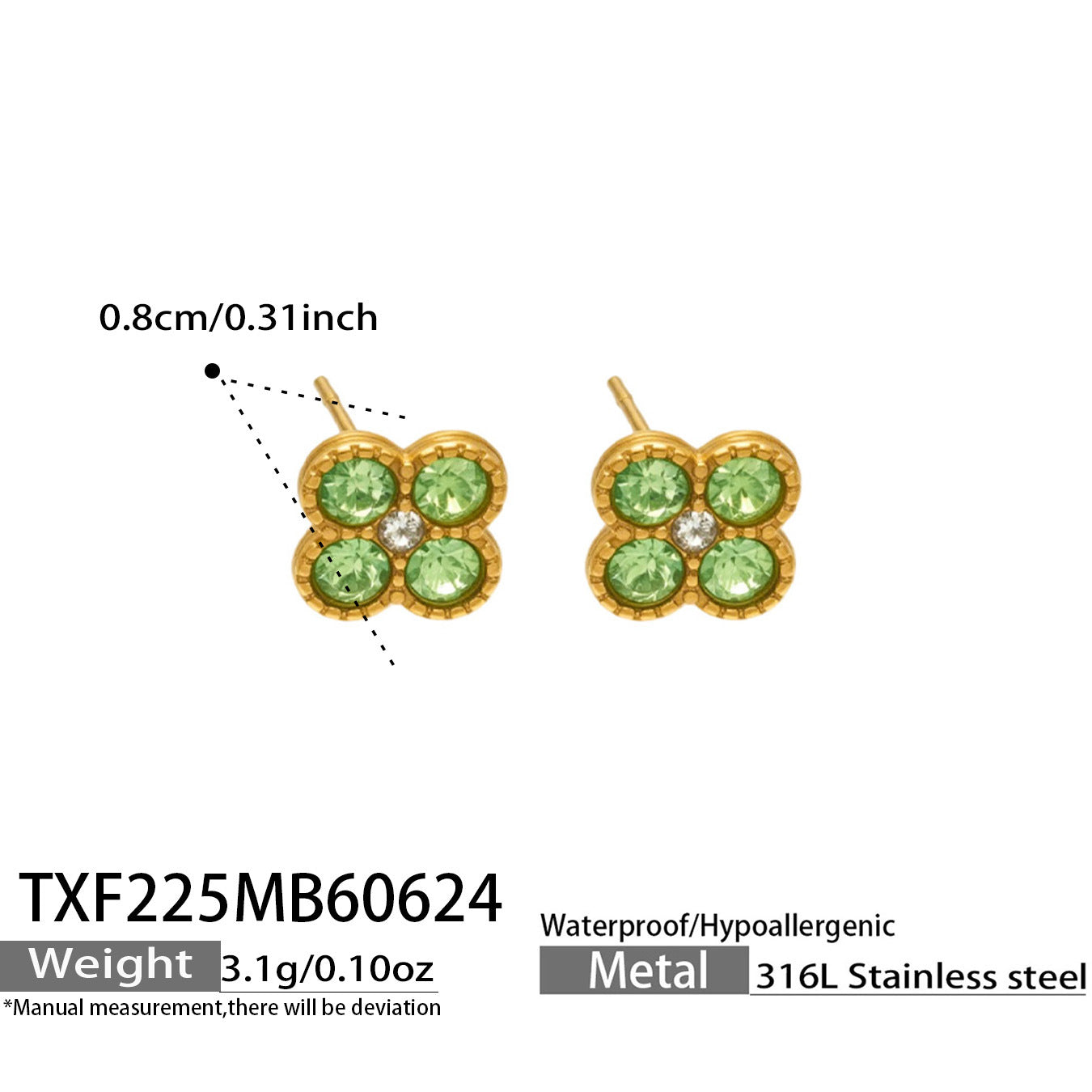 TXF225 steel tone green clover zircon earrings product image for 316L stainless steel jewelry wholesale