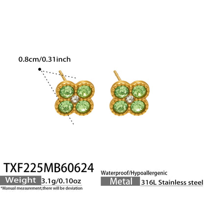TXF225 steel tone green clover zircon earrings product image for 316L stainless steel jewelry wholesale