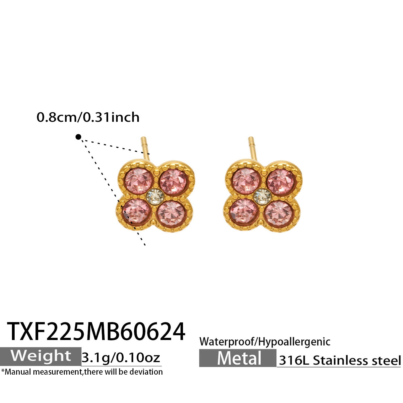 TXF225 steel tone pink clover zircon earrings product image for 316L stainless steel jewelry wholesale