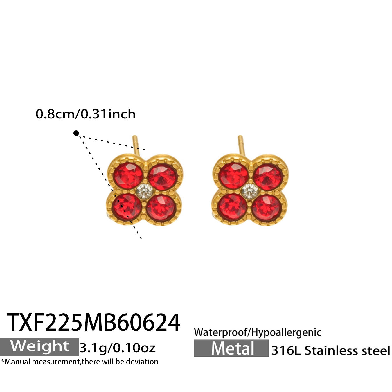 TXF225 steel tone red clover zircon earrings product image for 316L stainless steel jewelry wholesale