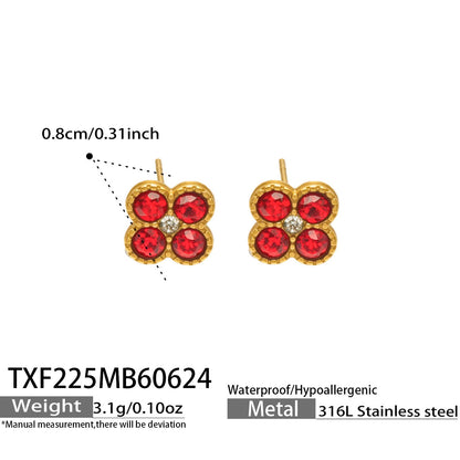 TXF225 steel tone red clover zircon earrings product image for 316L stainless steel jewelry wholesale