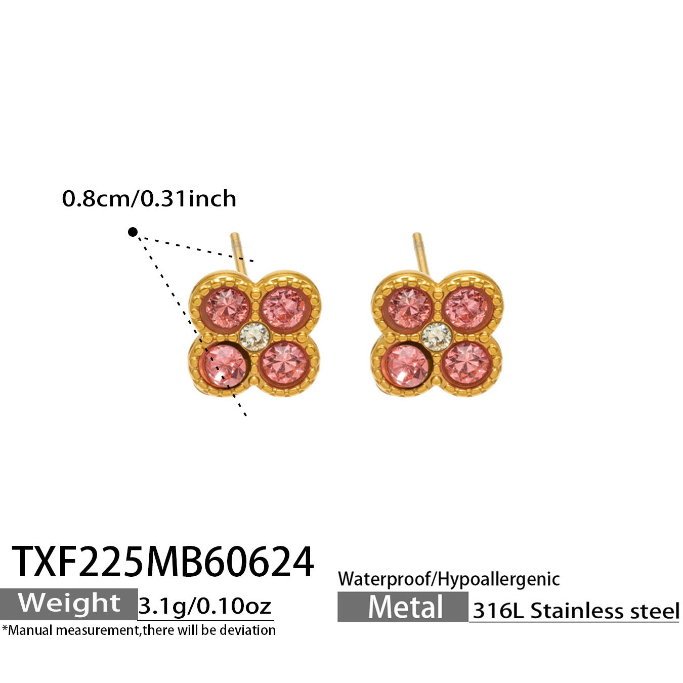 TXF225 steel tone rose clover zircon earrings product image for 316L stainless steel jewelry wholesale