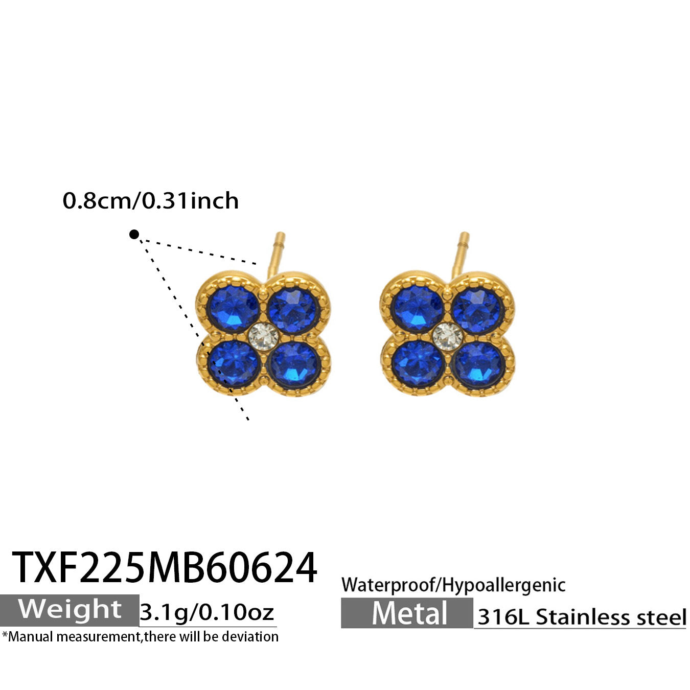 TXF225 steel tone blue clover zircon earrings product image for 316L stainless steel jewelry wholesale