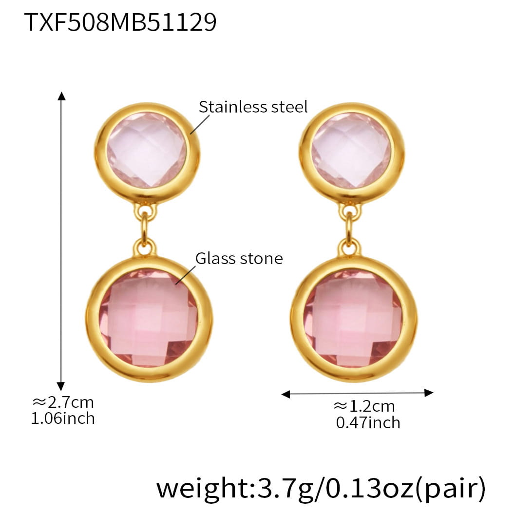 Pink glass stone gold tone stainless steel drop earrings in minimalist design
