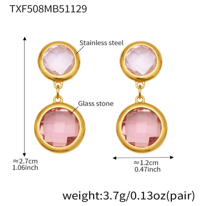 Pink glass stone gold tone stainless steel drop earrings in minimalist design
