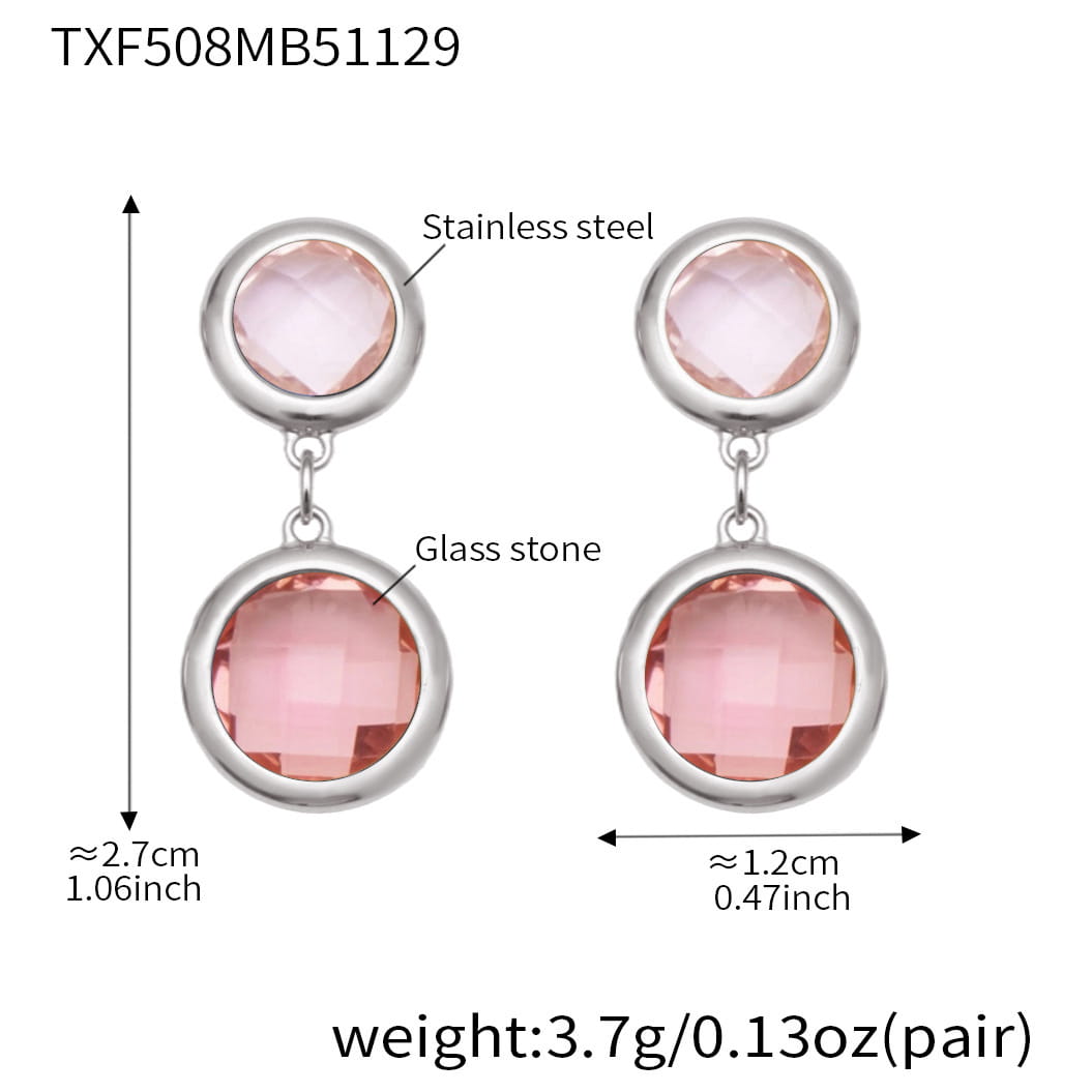 18K PVD Gold Stainless Steel Round Bezel CZ & Glass Stone Bracelet and Drop Earrings Set