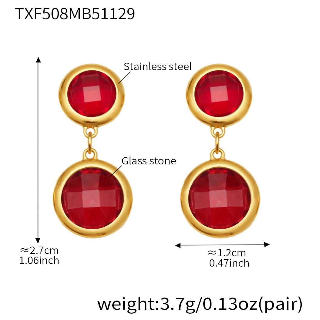 Red glass stone gold stainless steel drop earrings with size measurement details
