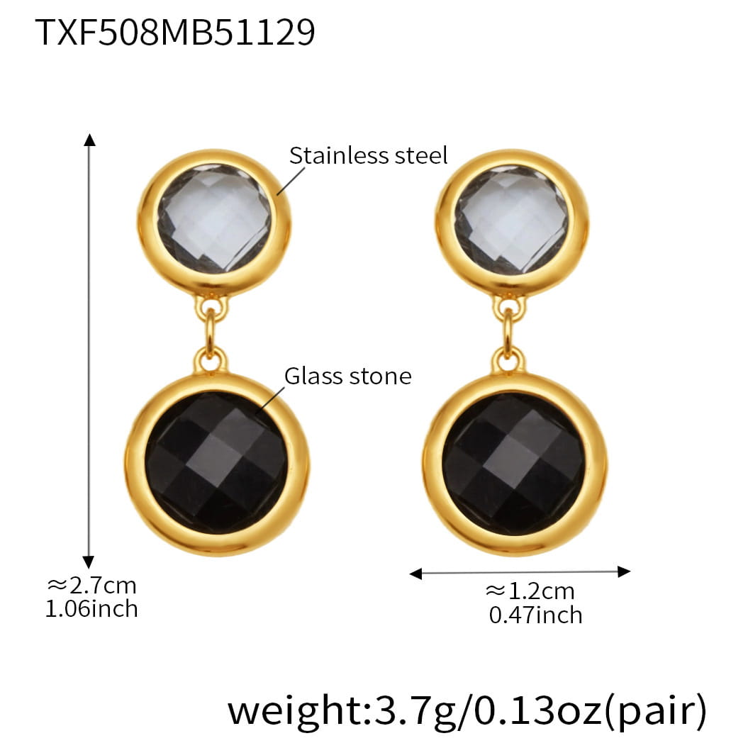 Gold tone stainless steel double drop earrings with black and smoky gray glass stones, size reference