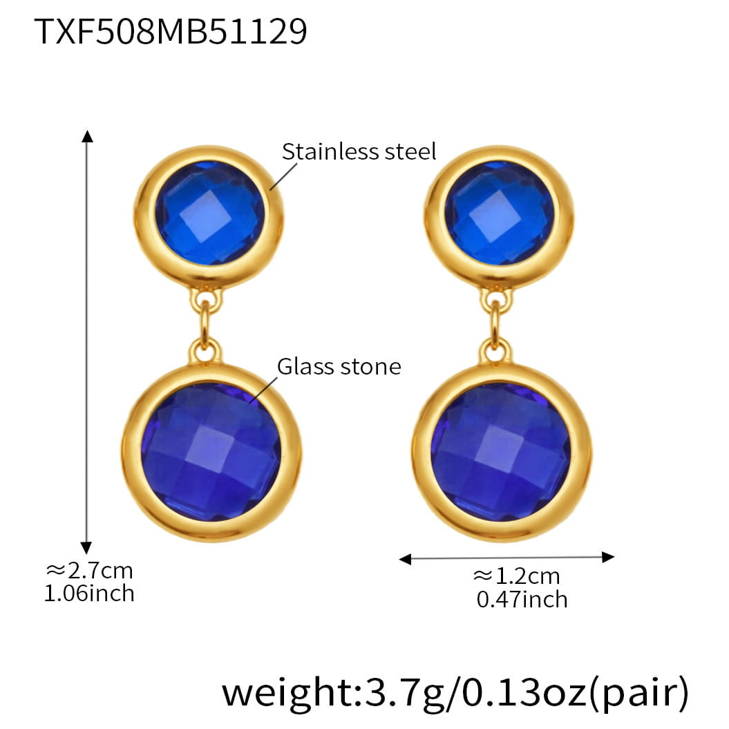 Gold tone stainless steel double drop earrings with royal blue glass stones, size reference