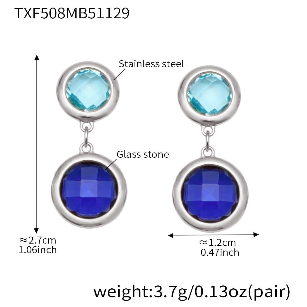 Silver tone stainless steel double drop earrings with aqua top stone and blue bottom stone, size reference