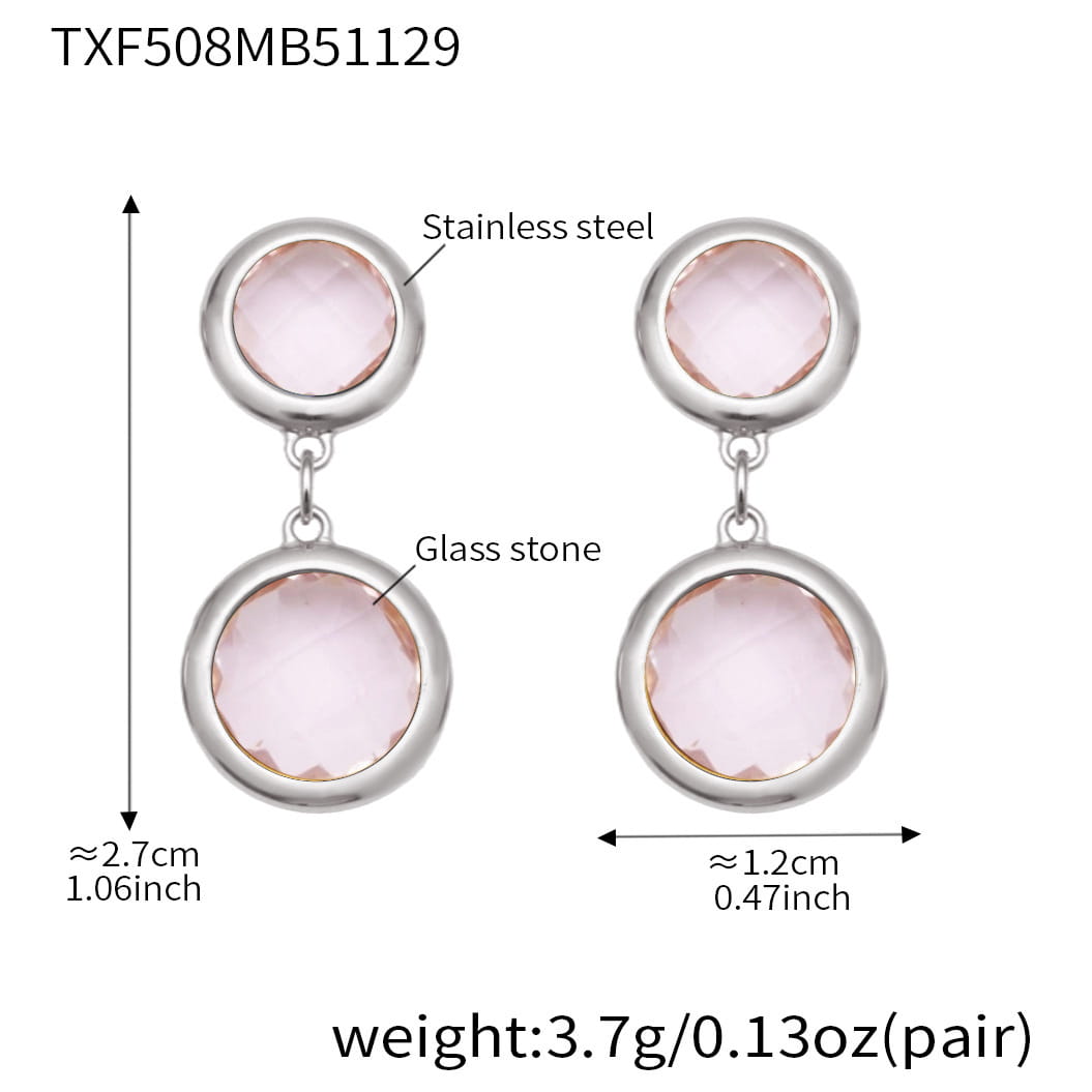 Silver tone stainless steel double drop earrings with blush pink glass stones, size reference