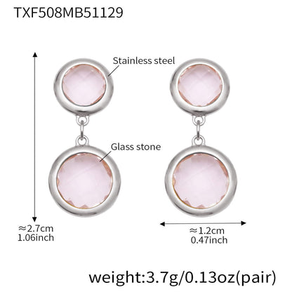 Silver tone stainless steel double drop earrings with blush pink glass stones, size reference