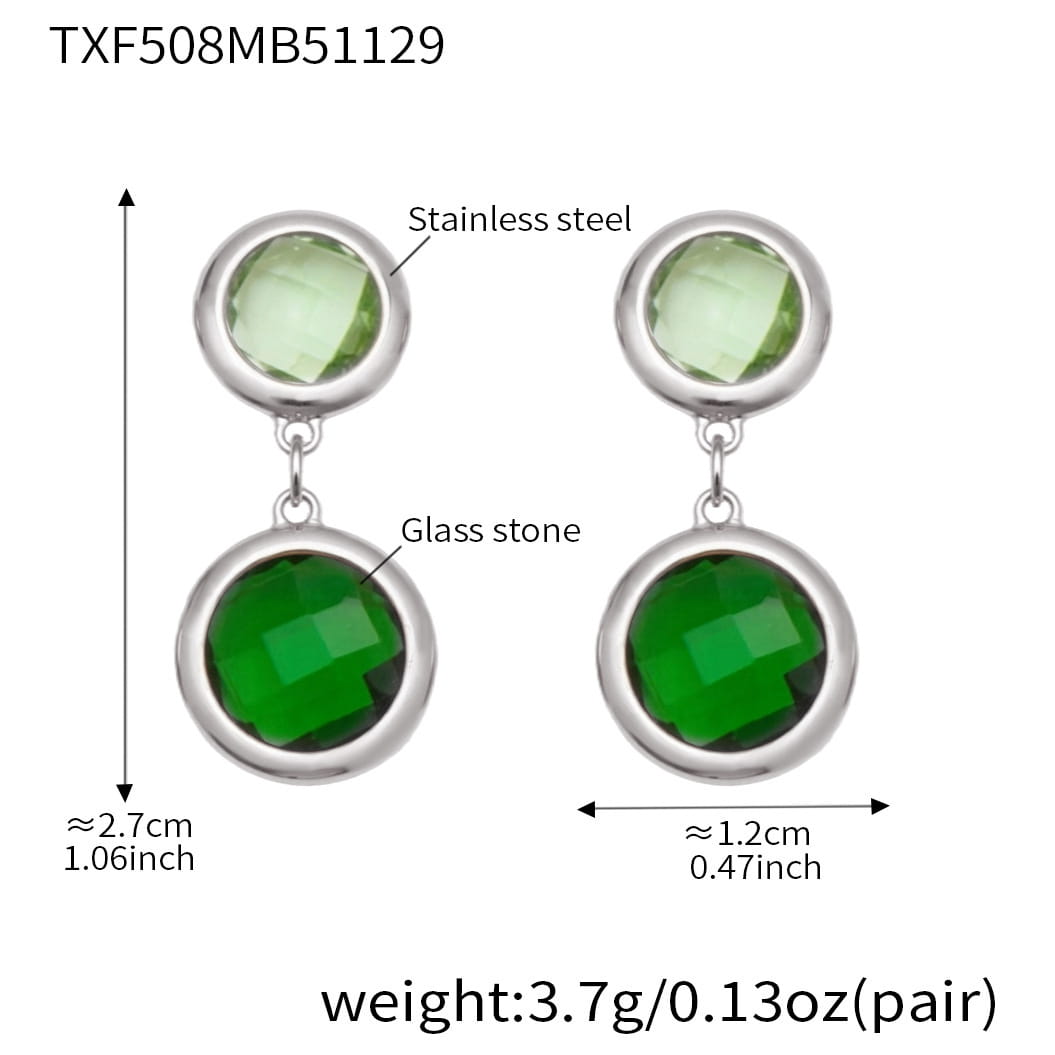 Silver tone stainless steel double drop earrings with light green and deep green glass stones, size reference