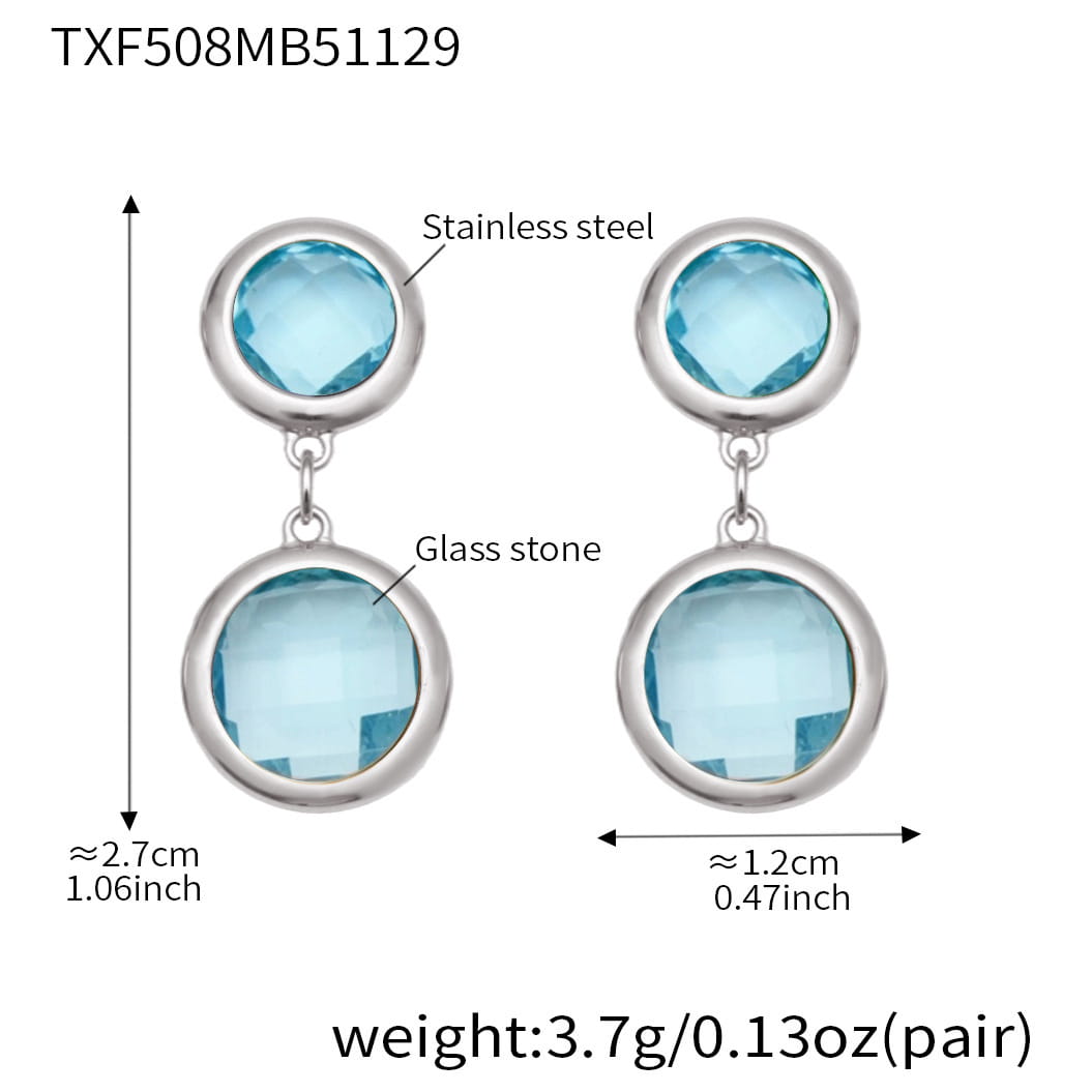 Silver tone stainless steel double drop earrings with light aqua glass stones, size reference